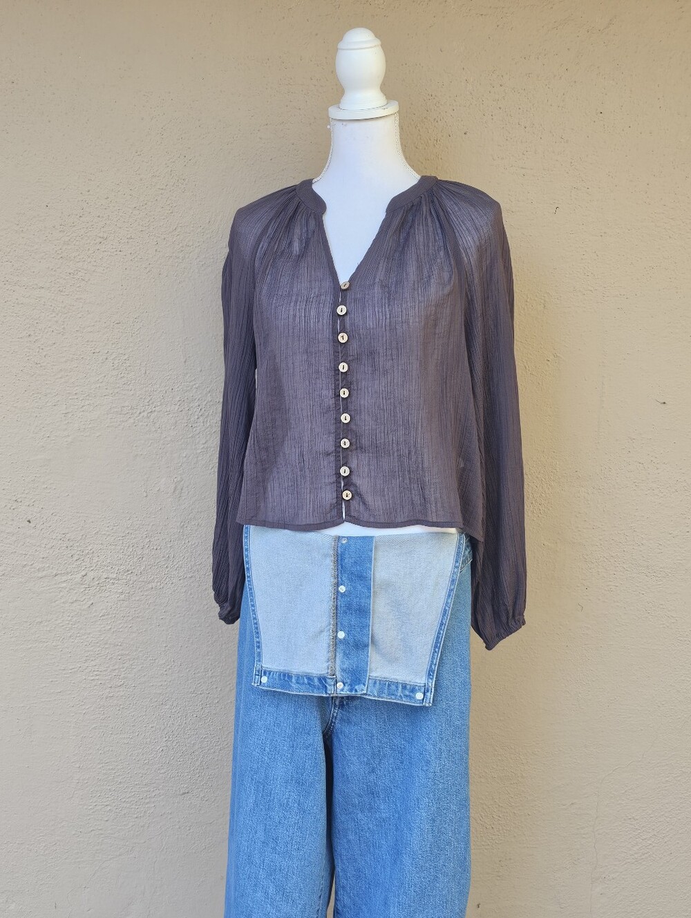 Free People Dusty Plum Peasant Top W/ Cork Buttons + Bishop Sleeves Size XS